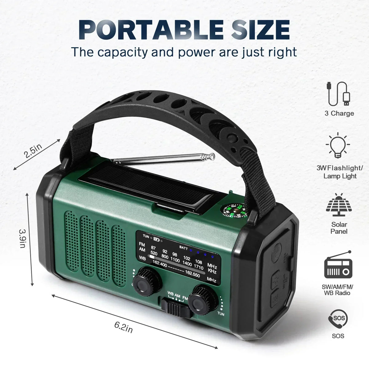 Radio de emergencia NOAA 6 en 1 SolioGuard — Powerbank solar con carga manual - Desfino
