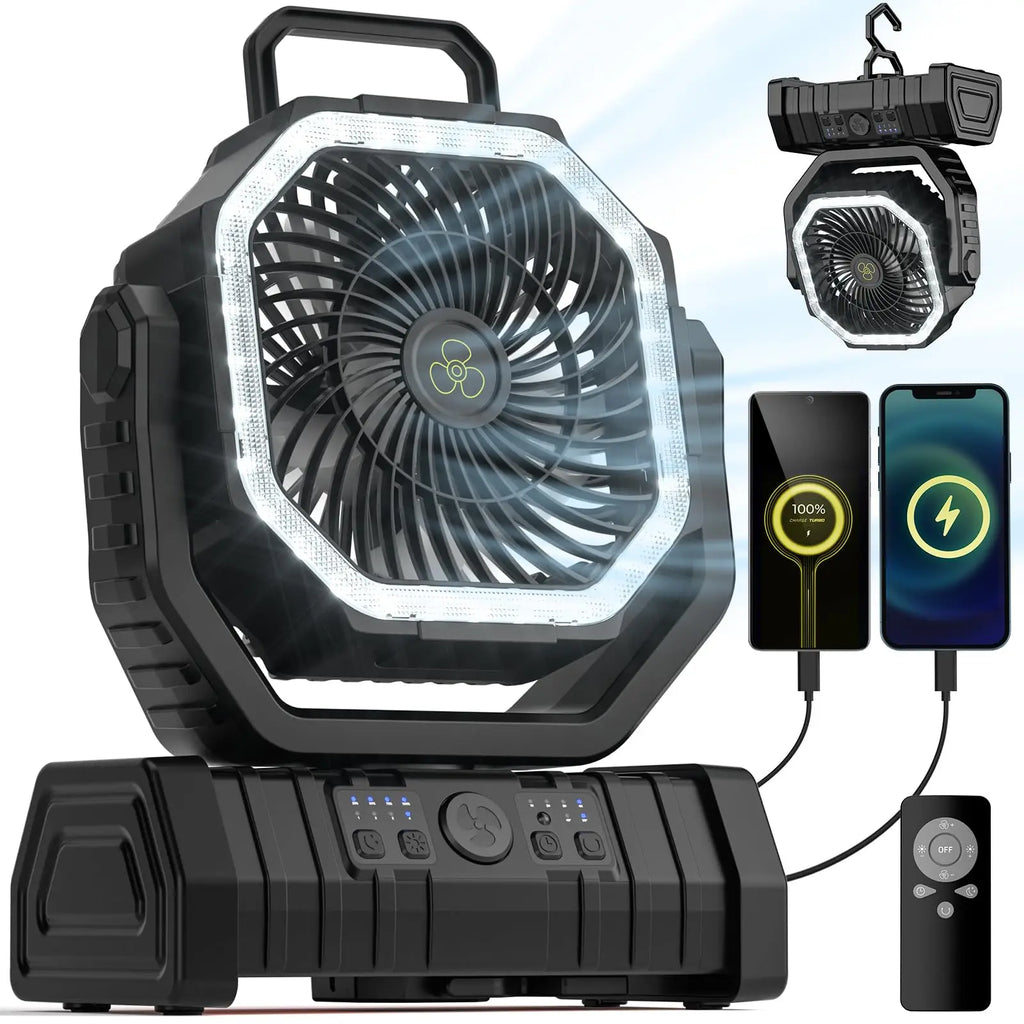 Ventilador de camping 3 en 1 TrailBreeze de 20000mAh, luz LED y batería externa - Desfino
