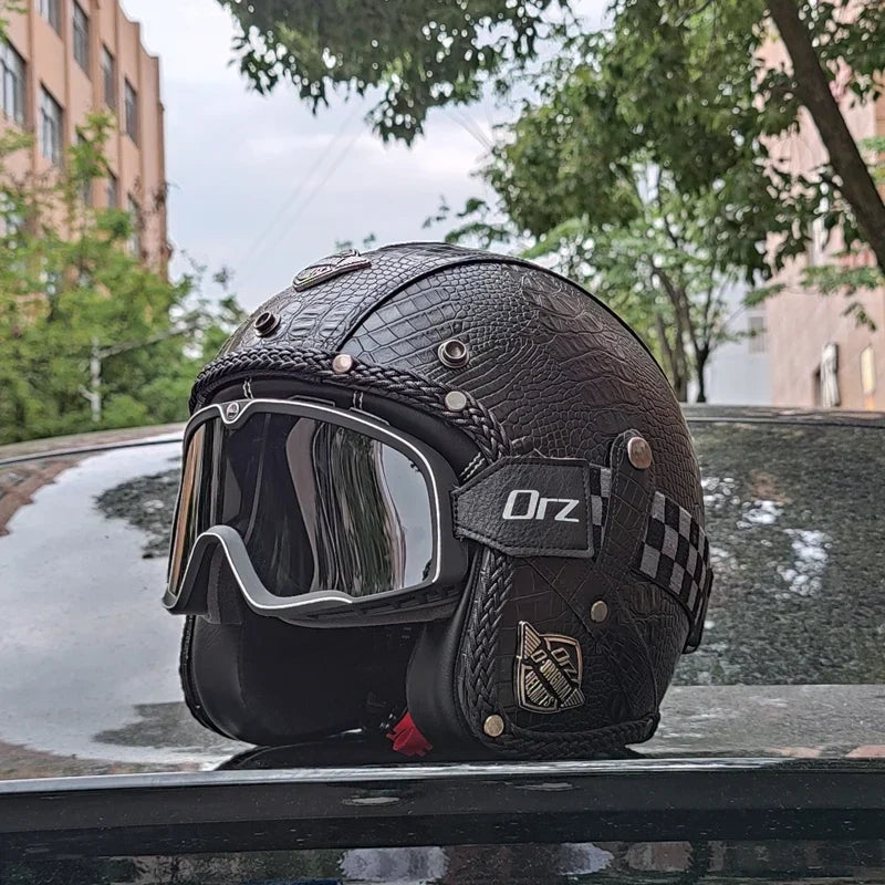DOT Certified Retro 3/4 Open-Face Motorcycle Helmet – PU Leather Exterior