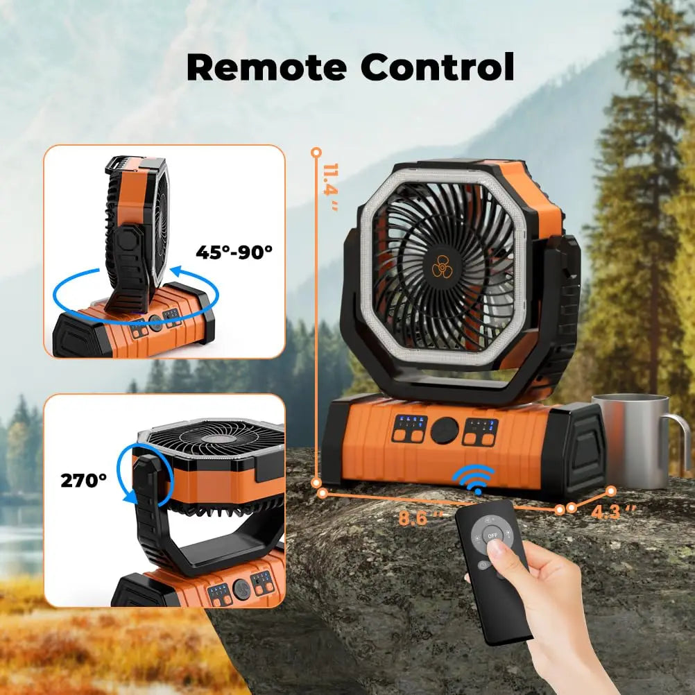 Ventilador de camping 3 en 1 TrailBreeze de 20000mAh, luz LED y batería externa - Desfino