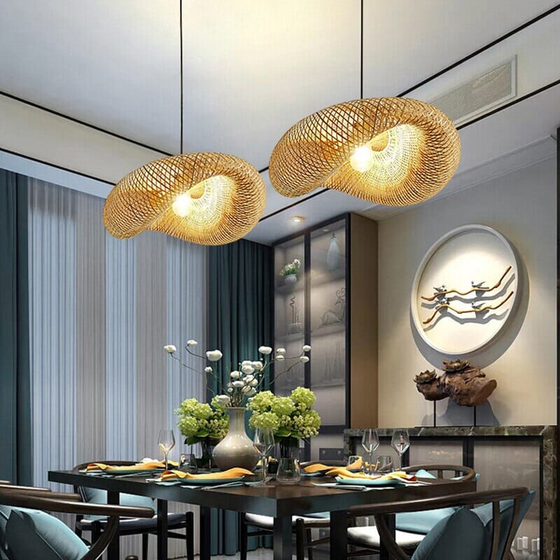 Suspension LED KoruBend — Luminaire moderne rustique en bambou - Desfino