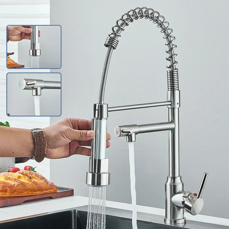 Grifo monomando de cocina de níquel cepillado NovaPulse — Caño extraíble giratorio de 360° - Desfino