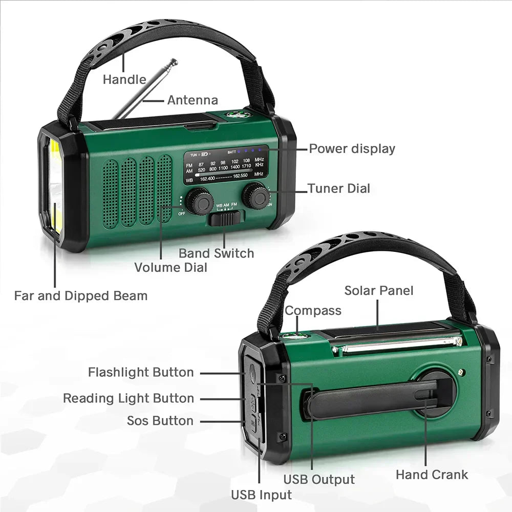 Radio de emergencia NOAA 6 en 1 SolioGuard — Powerbank solar con carga manual - Desfino