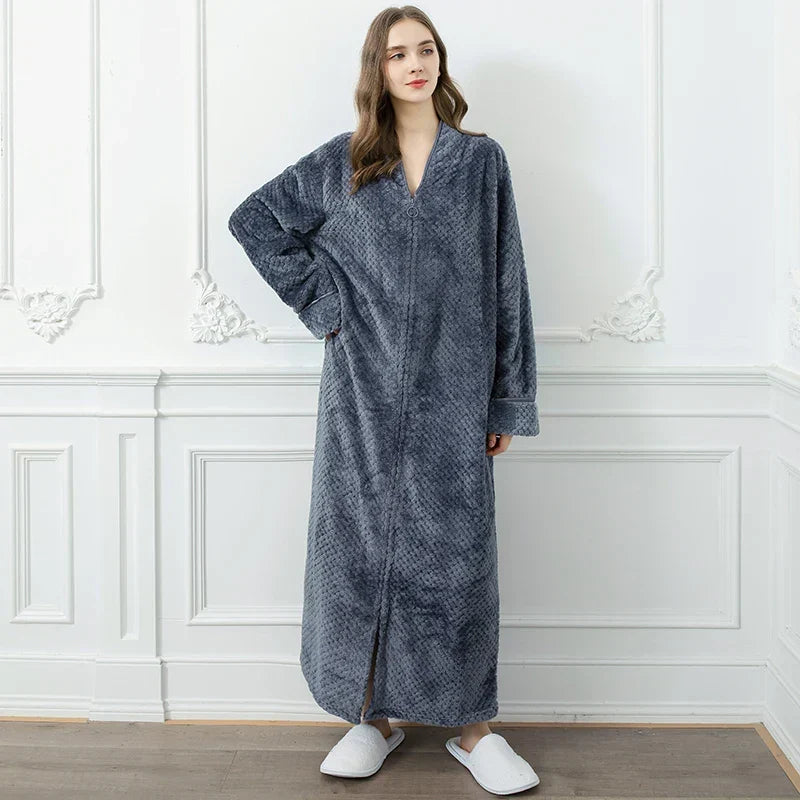 CozyNest zwangerschapsbadjas — extra lange thermische flanel, ritssluiting aan de voorkant - Desfino