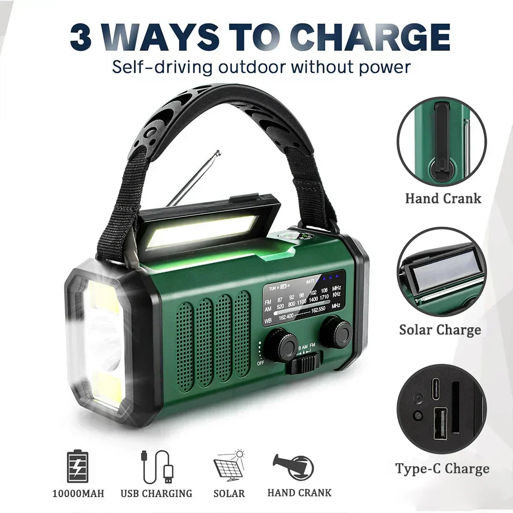 Radio de emergencia NOAA 6 en 1 SolioGuard — Powerbank solar con carga manual - Desfino