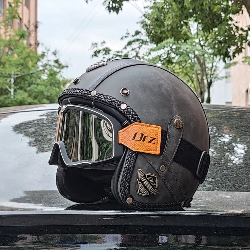 DOT Certified Retro 3/4 Open-Face Motorcycle Helmet – PU Leather Exterior