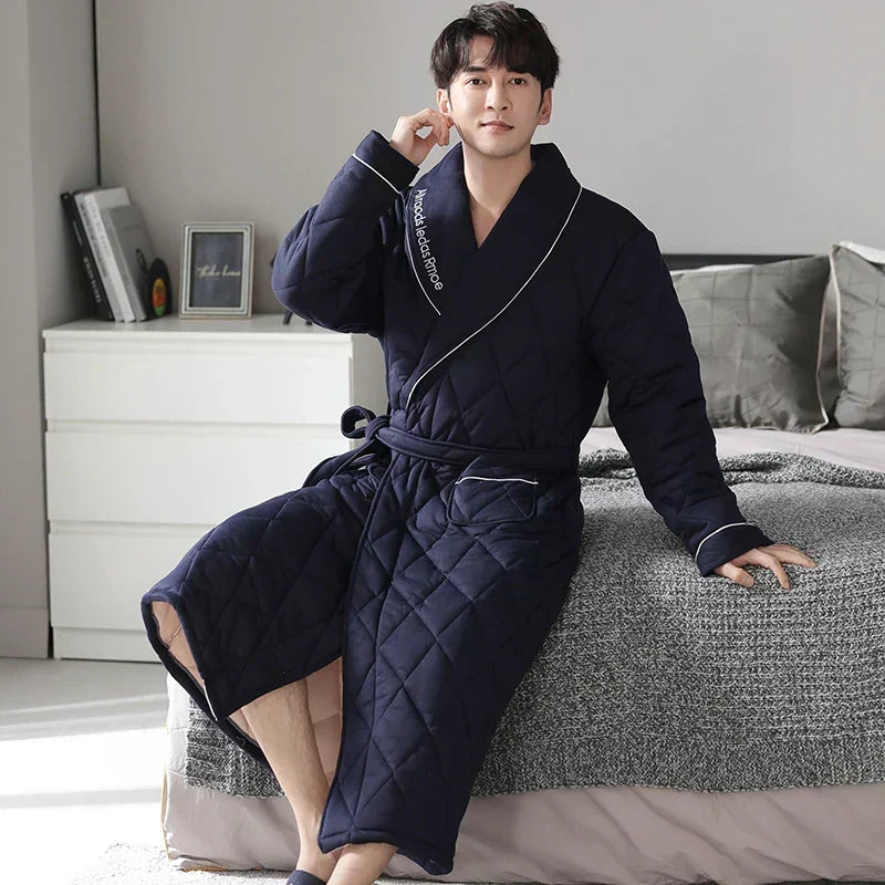 Accappatoio trapuntato in cotone CozyLayer — design lungo con cintura a tre strati - Desfino