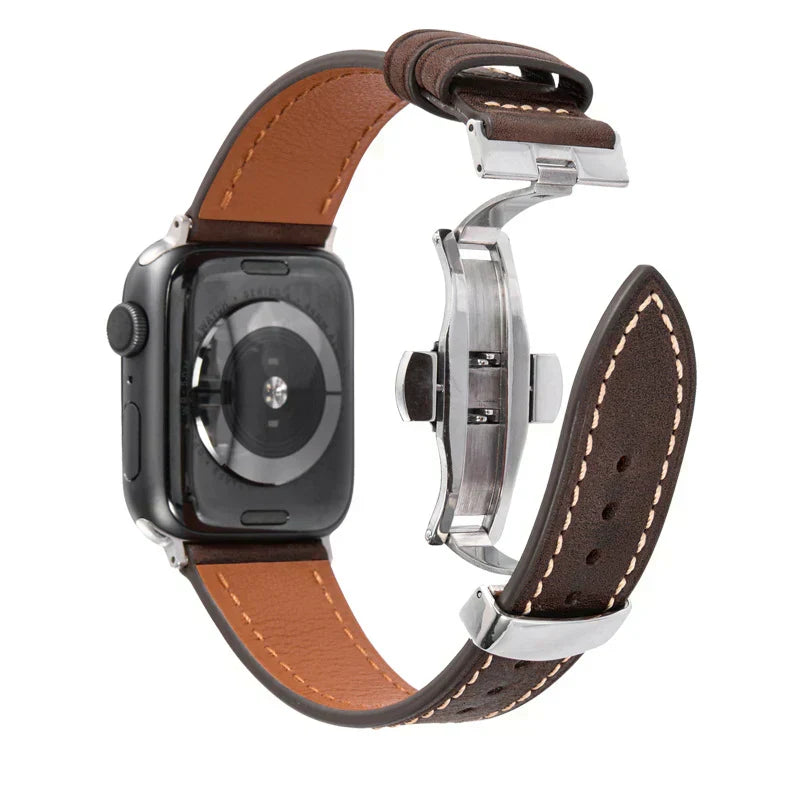Luxevo Apple Watch-rem i ekte skinn - sommerfuglelås i rustfritt stål - Desfino
