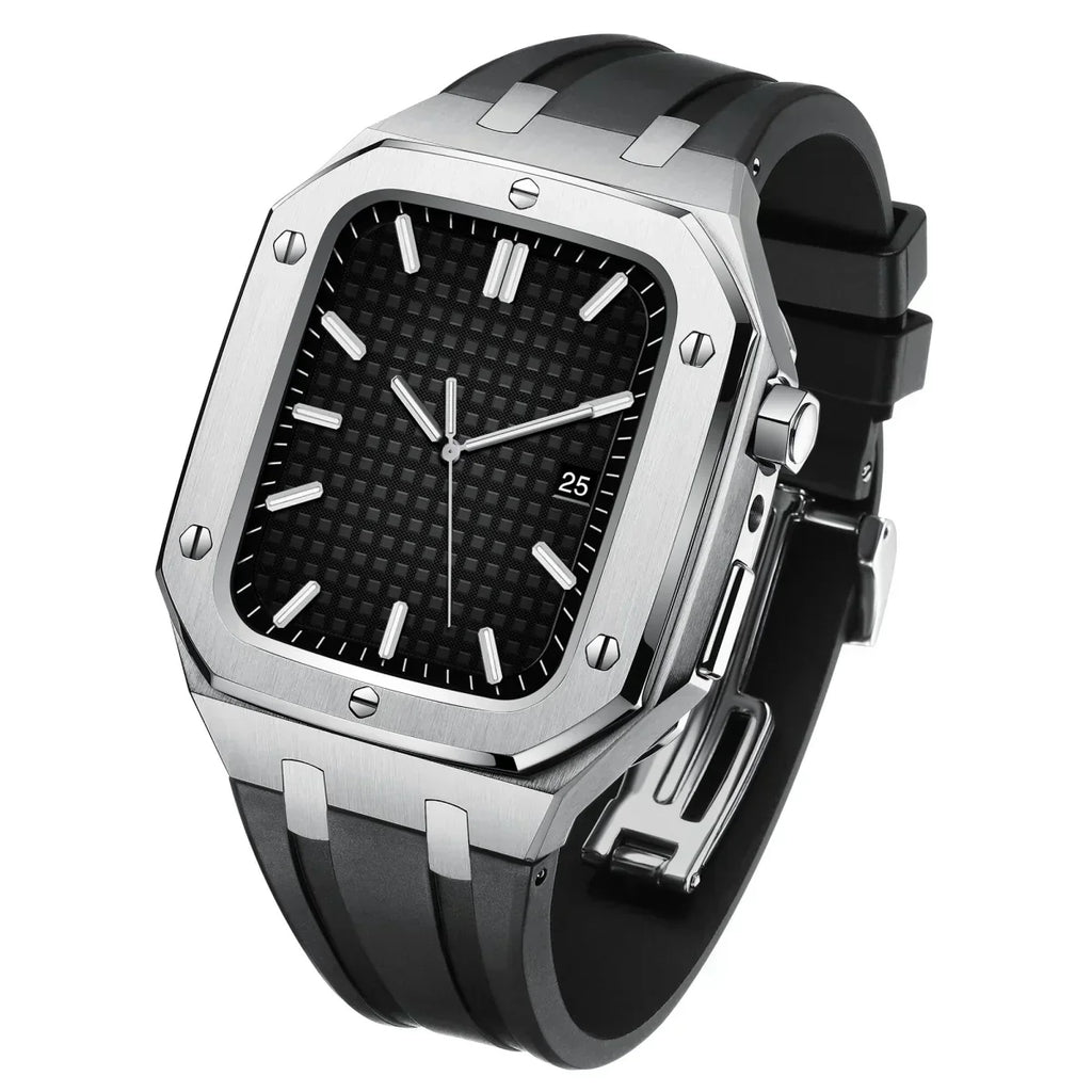 Kirello09 Apple Watch-dekselsett for ombygging — silikonrem, etui i 316L-stål - Desfino
