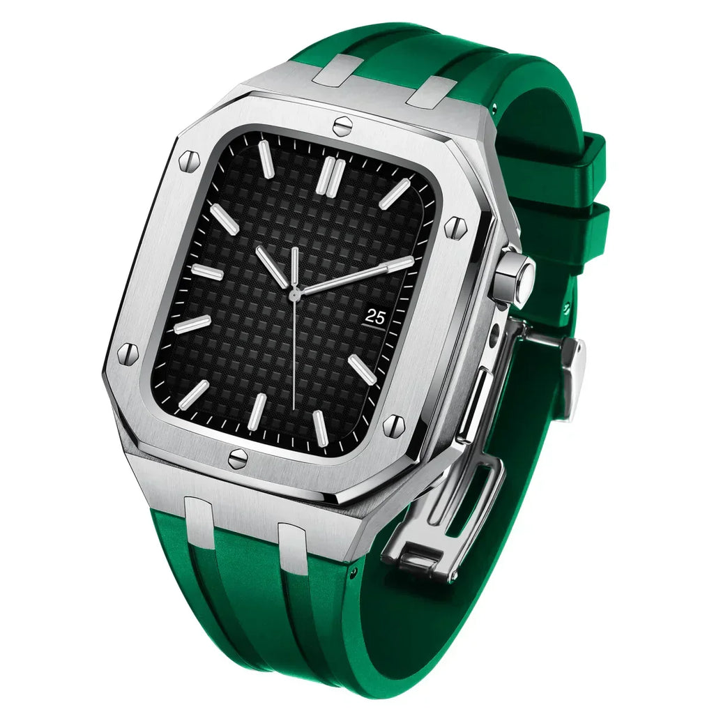 Kirello09 Apple Watch-dekselsett for ombygging — silikonrem, etui i 316L-stål - Desfino
