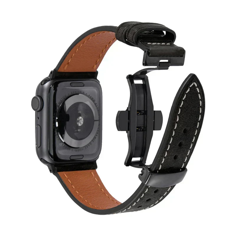 Luxevo Apple Watch-rem i ekte skinn - sommerfuglelås i rustfritt stål - Desfino