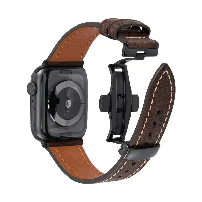 Luxevo Apple Watch-rem i ekte skinn - sommerfuglelås i rustfritt stål - Desfino
