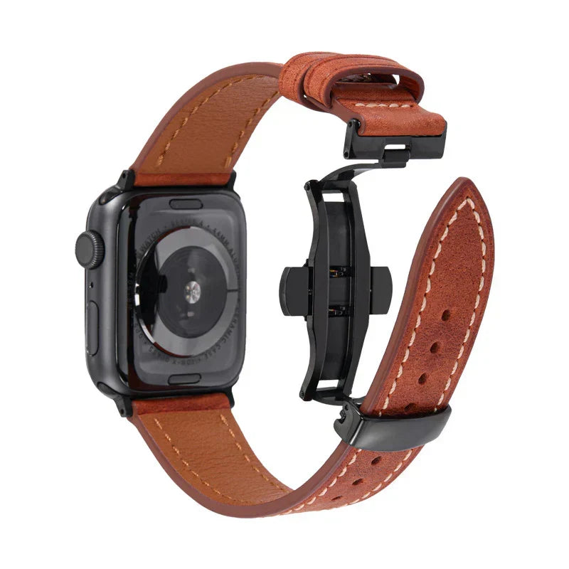Luxevo Apple Watch-rem i ekte skinn - sommerfuglelås i rustfritt stål - Desfino