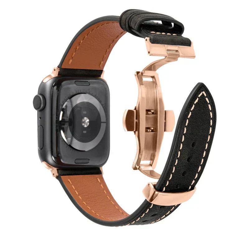 Luxevo Apple Watch-rem i ekte skinn - sommerfuglelås i rustfritt stål - Desfino