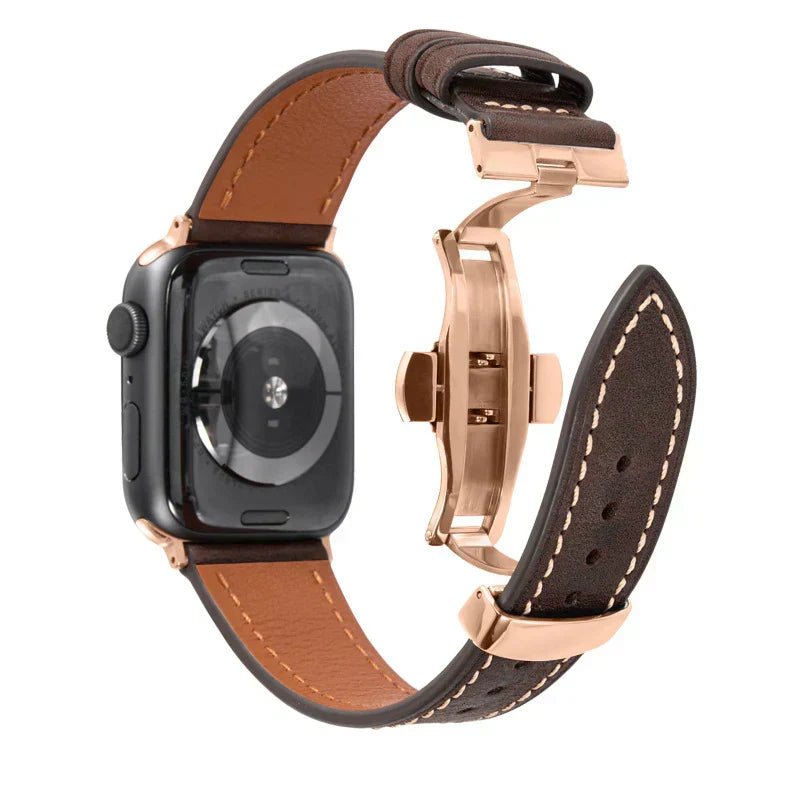 Luxevo Apple Watch-rem i ekte skinn - sommerfuglelås i rustfritt stål - Desfino