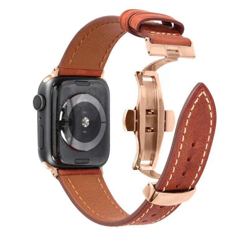 Luxevo Apple Watch-rem i ekte skinn - sommerfuglelås i rustfritt stål - Desfino
