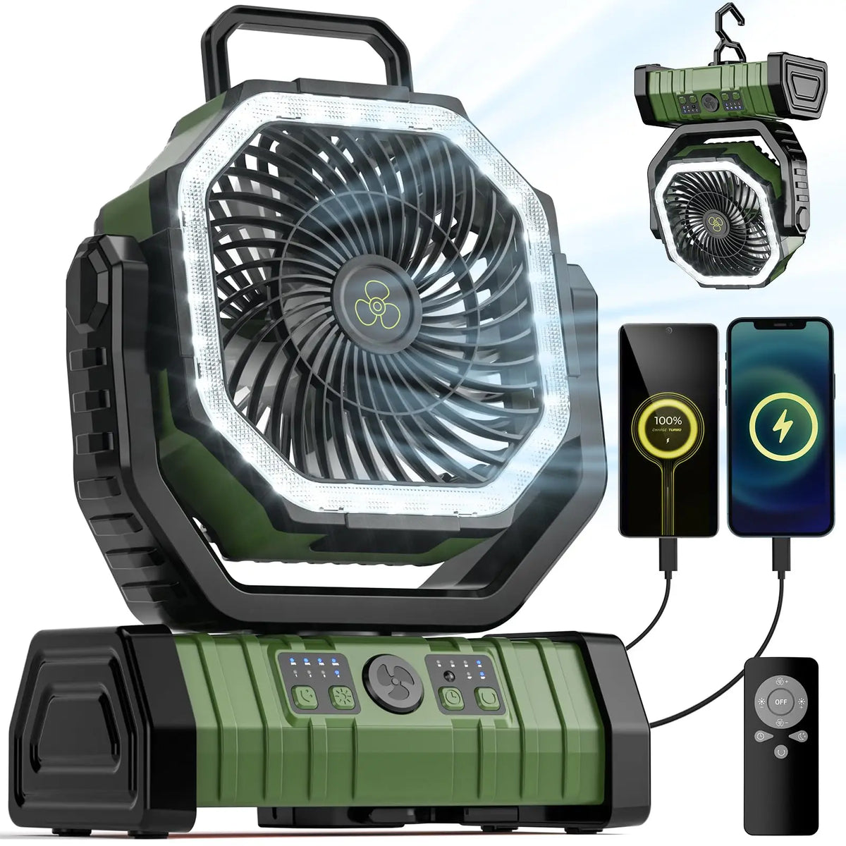 Ventilador de camping 3 en 1 TrailBreeze de 20000mAh, luz LED y batería externa - Desfino