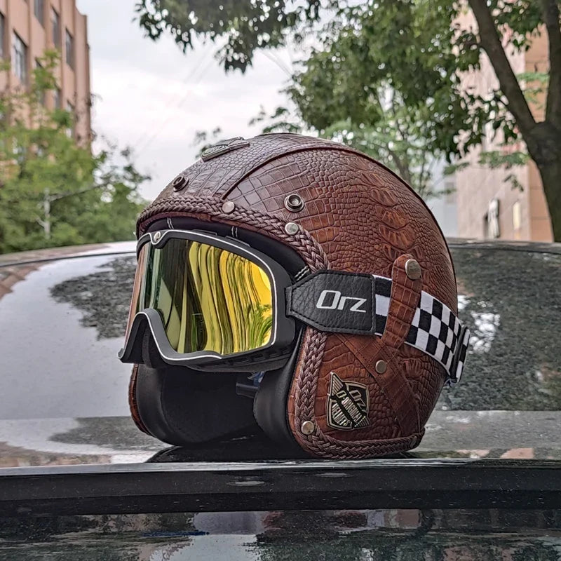 DOT Certified Retro 3/4 Open-Face Motorcycle Helmet – PU Leather Exterior