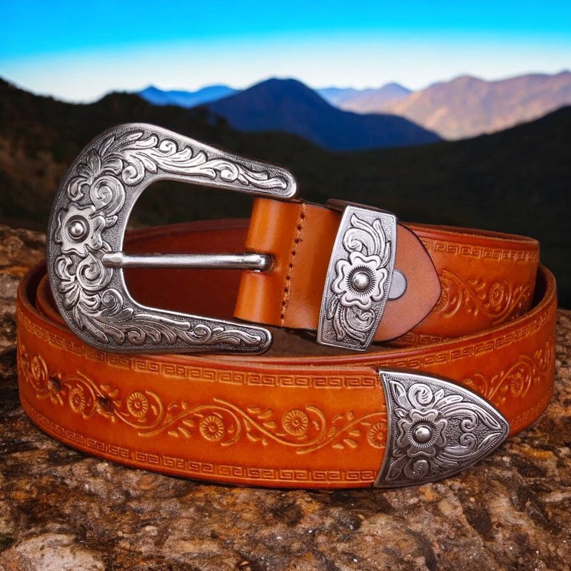 Marisol Western Belt — Intricate Silver Buckle, Heritage Style - Desfino