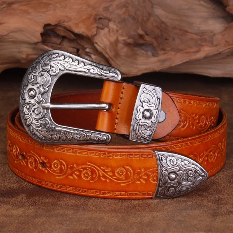 Marisol Western Belt — Intricate Silver Buckle, Heritage Style - Desfino