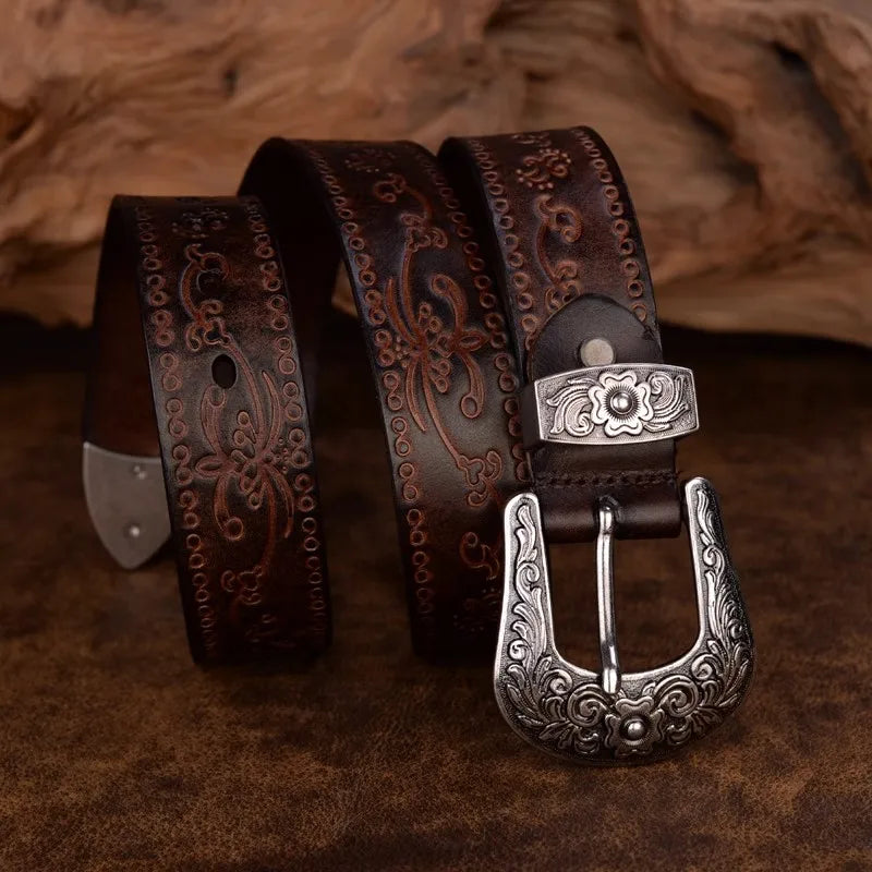 Marisol Western Belt — Intricate Silver Buckle, Heritage Style - Desfino