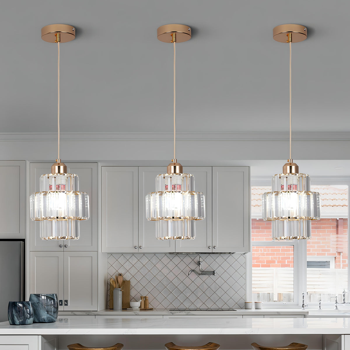Aurelia gestreepte kristallen plafondlamp — zwart of goudkleurig snoer | Desfino