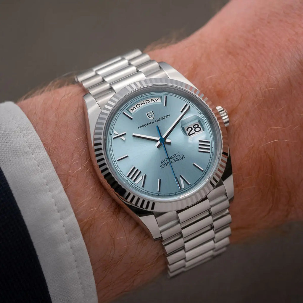 Aurelio Automatik-Herrenuhr aus Edelstahl—Automatischer Aufzug, Tag-Datum-Anzeige - Desfino