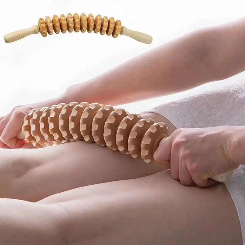 Masážní válec z přírodního dřeva na fascie — 9 otočných válečků, protiskluzová rukojeť - Desfino