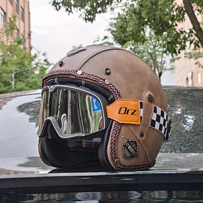 DOT Certified Retro 3/4 Open-Face Motorcycle Helmet – PU Leather Exterior