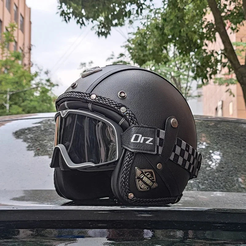 DOT Certified Retro 3/4 Open-Face Motorcycle Helmet – PU Leather Exterior