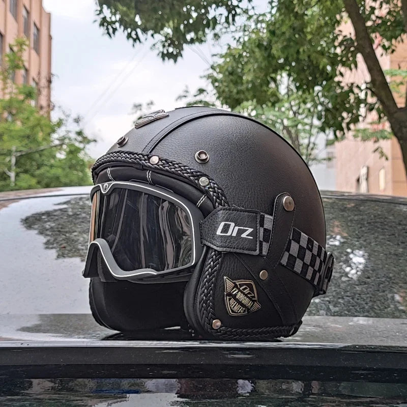 Retro 3/4-motorcykelhjelm — PU-læder, DOT-certificeret chopperstil - Desfino