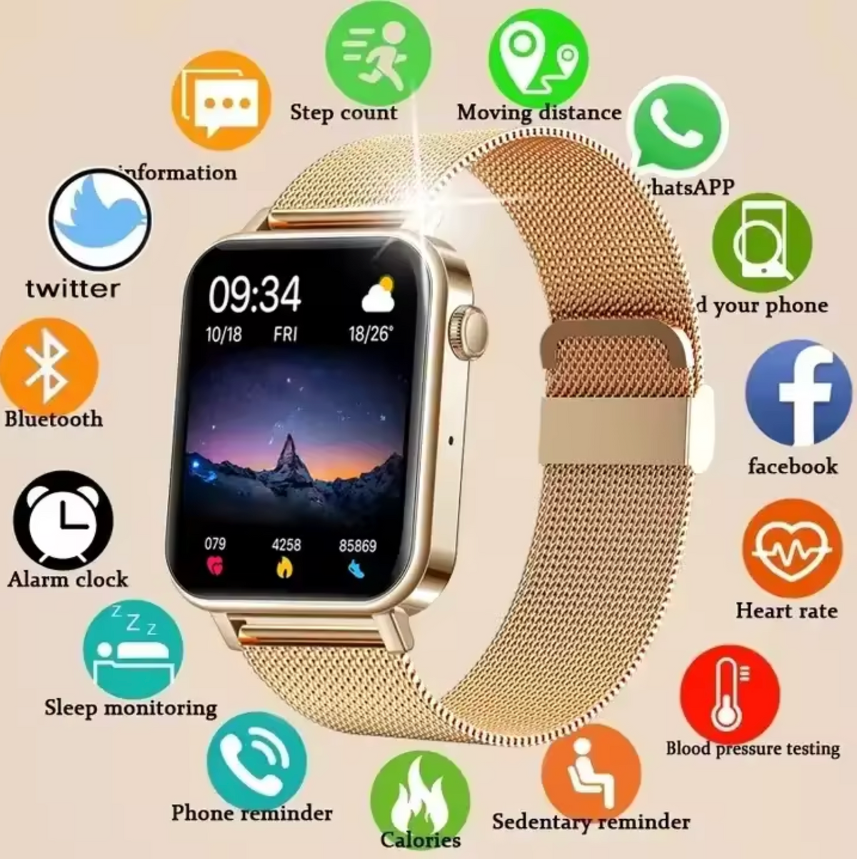LioraTime Janes-smartwatch — slank, feminin stil, sundhedsovervågning og alarmer - Desfino
