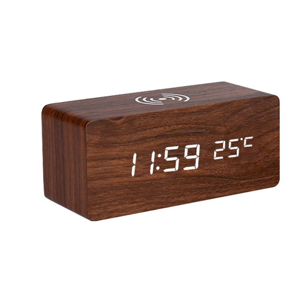 Wooden LED Alarm Clock — Wireless Phone Charger, Temp, Time & Date - Desfino