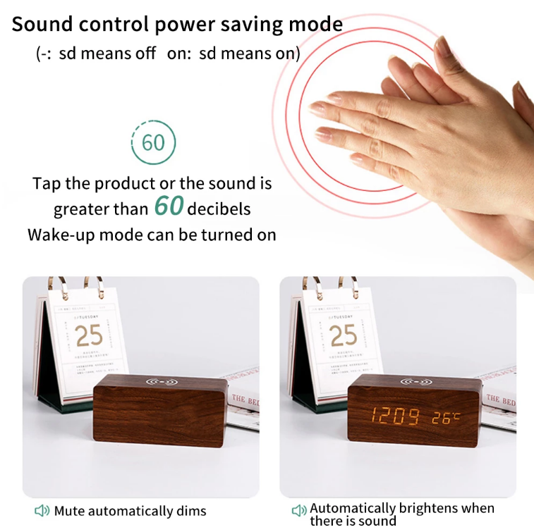 Wooden LED Alarm Clock — Wireless Phone Charger, Temp, Time & Date - Desfino