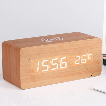Wooden LED Alarm Clock — Wireless Phone Charger, Temp, Time & Date - Desfino