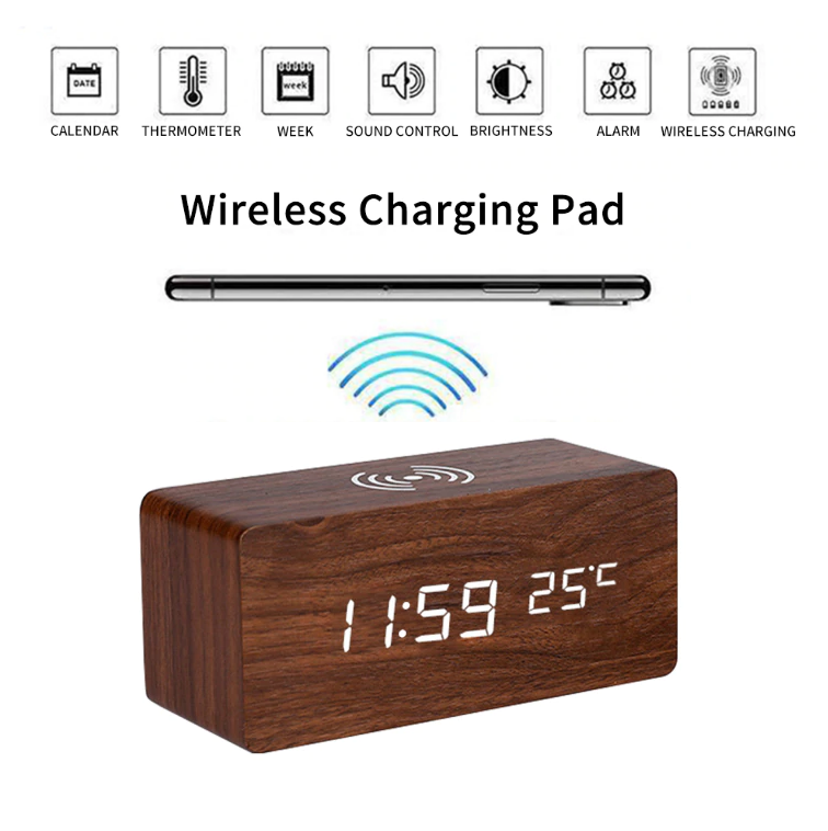 Wooden LED Alarm Clock — Wireless Phone Charger, Temp, Time & Date - Desfino