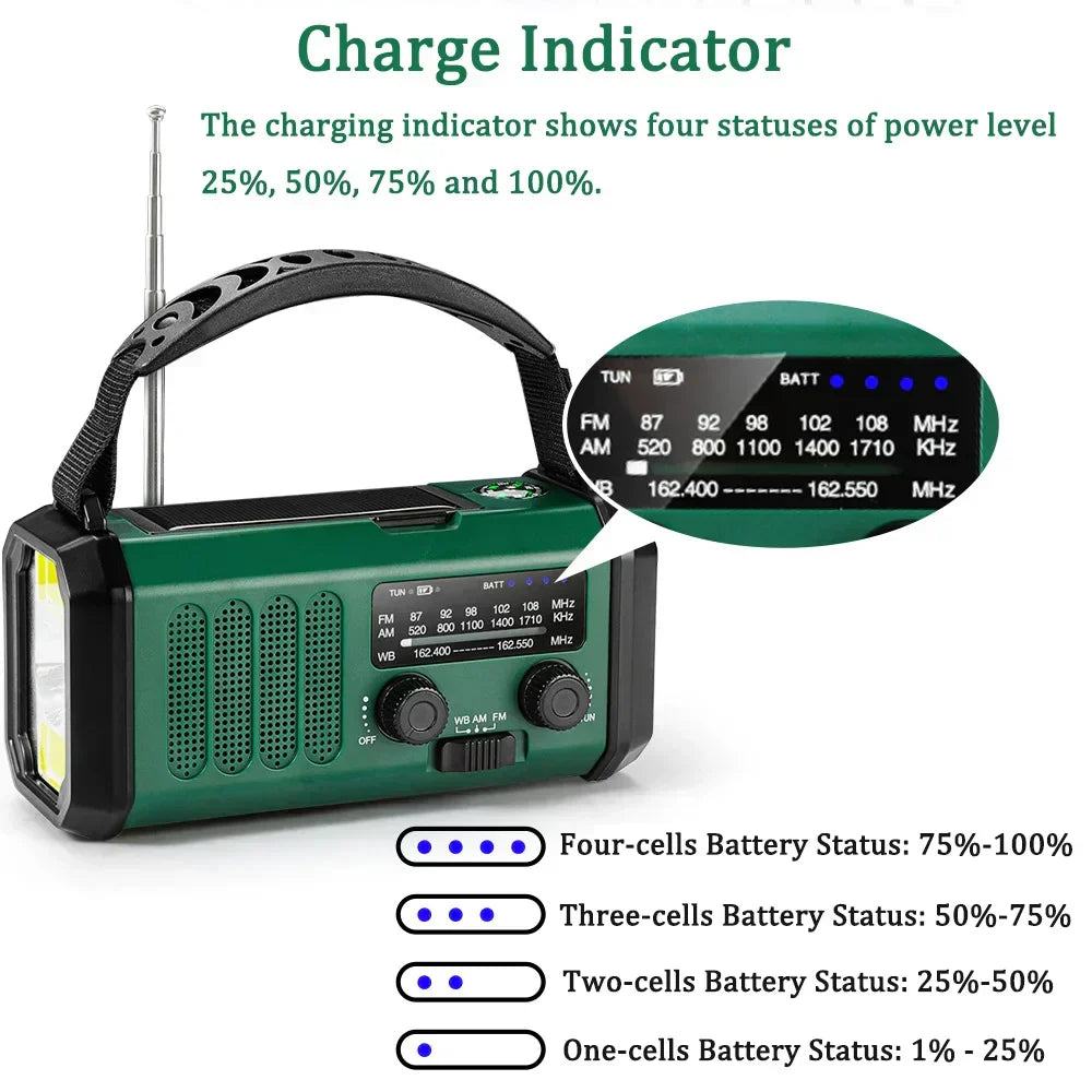 Radio de emergencia NOAA 6 en 1 SolioGuard — Powerbank solar con carga manual - Desfino