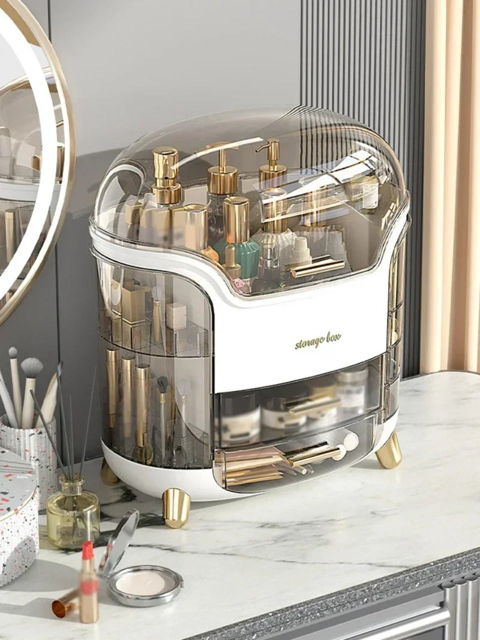 CrystalView Organisateur de maquillage - Grande boîte de rangement antipoussière - Desfino