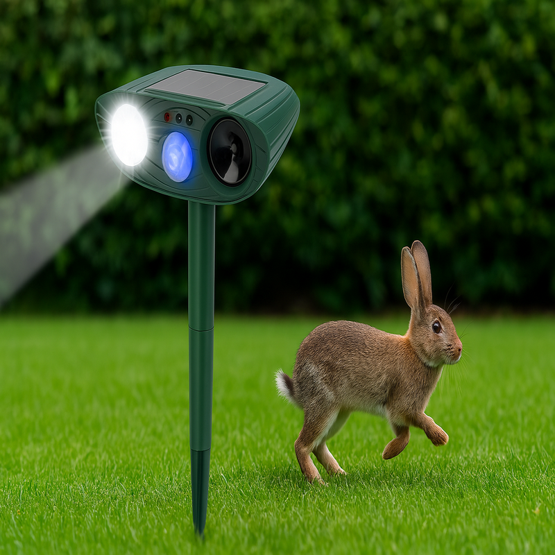 GardenGuard solcelledrevet ultralydskanin-skræmmer — Blinkende lys, genoplades af solen
