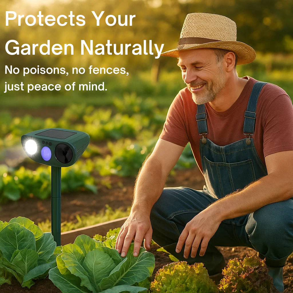 GardenGuard solcelledrevet ultralydskanin-skræmmer — Blinkende lys, genoplades af solen