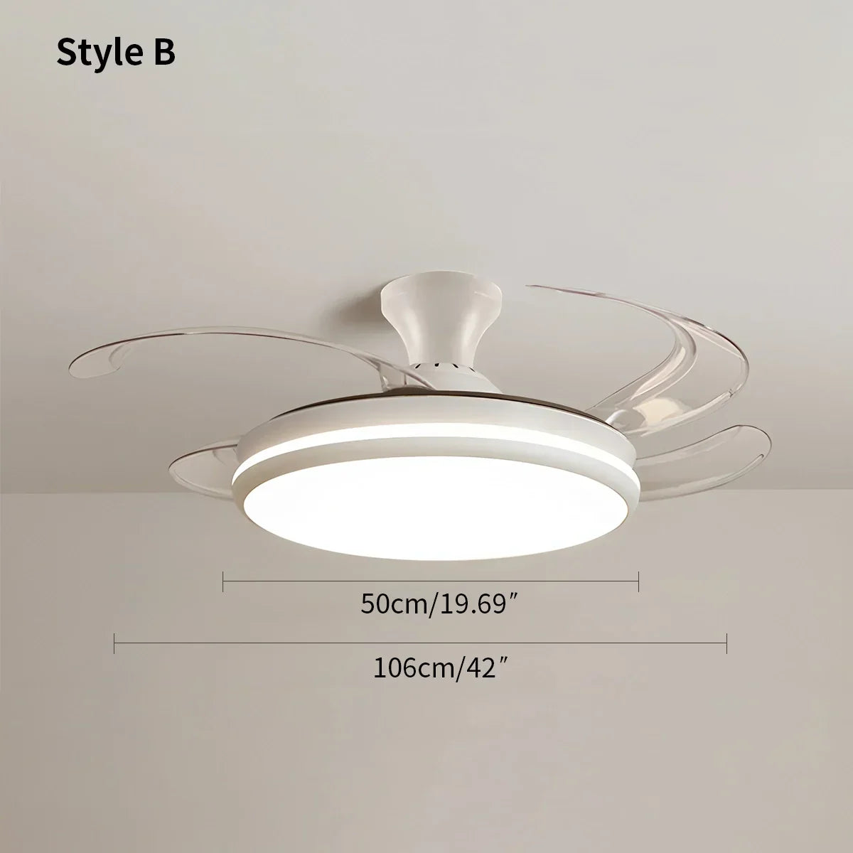 Moderner Deckenventilator mit Fernbedienung und transparenten Flügeln | Desfino