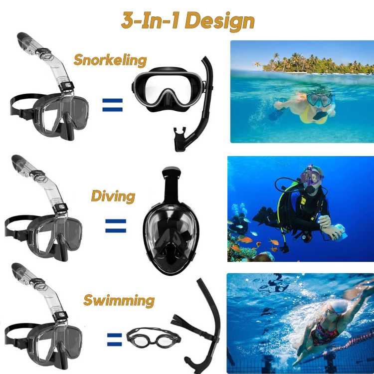 Składana maska do snorkelingu zakrywająca całą twarz — przeciwmgielna, z regulowanym paskiem | Desfino