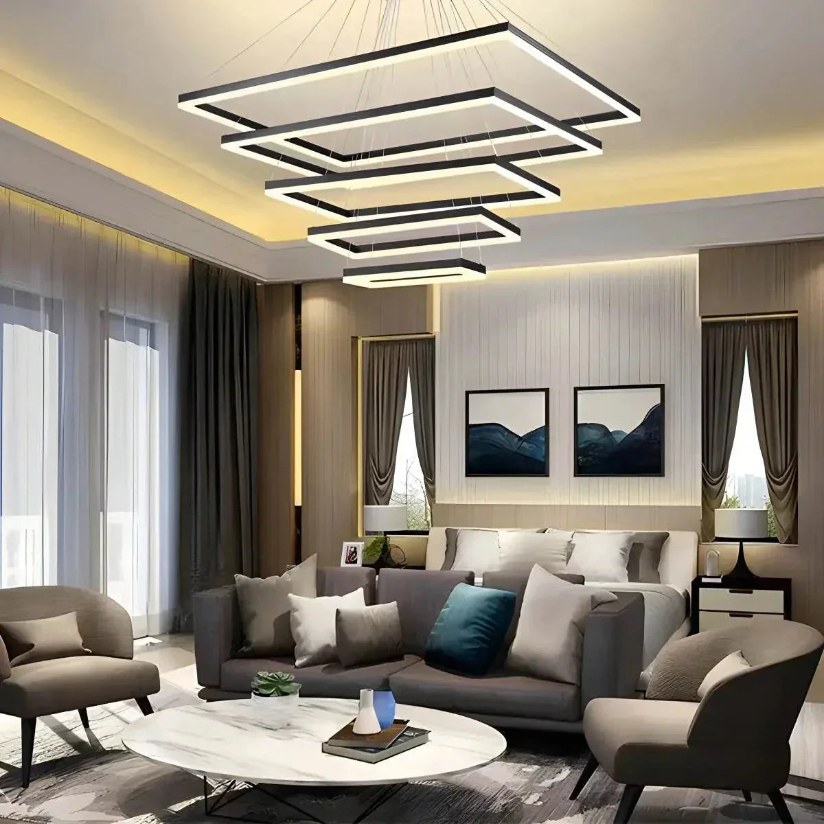 Modern Black Tiered Rectangular Chandelier | Desfino
