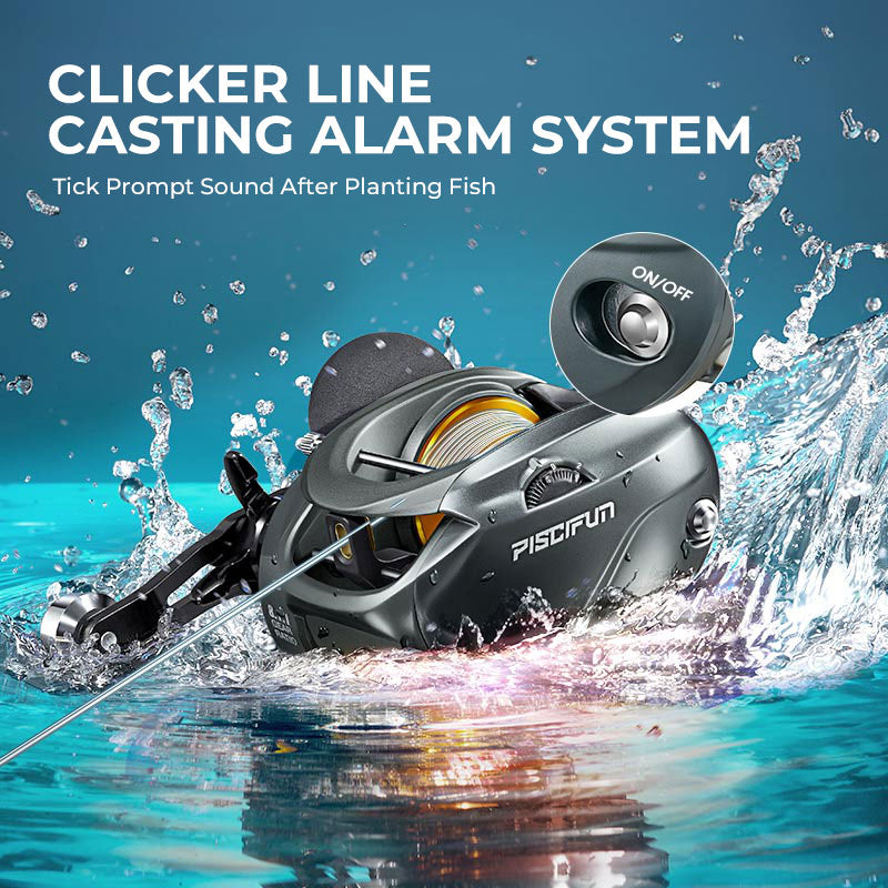 Carrete de baitcasting modelo 400 de Piscifun—Carrete con clic para cebo de agua salada/dulce | Desfino