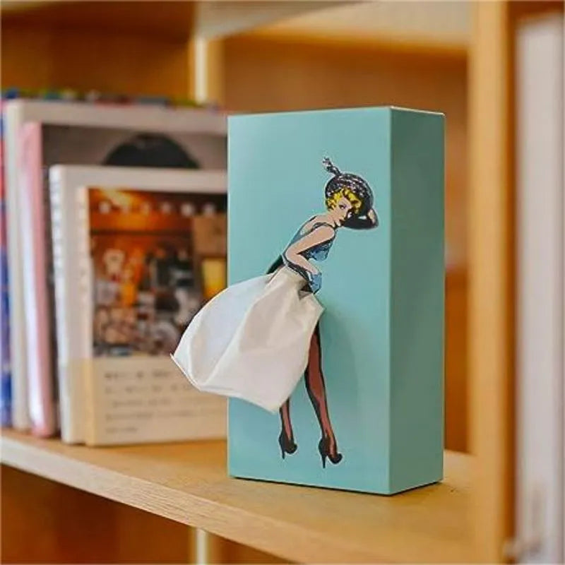 Vintage 1950-es évekbeli pin-up fa papírzsebkendő-tartó — átöltözőruhás grafika - Desfino