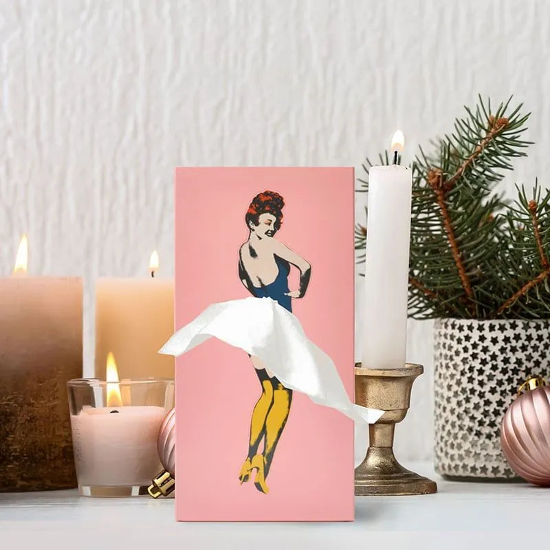 Vintage 1950-es évekbeli pin-up fa papírzsebkendő-tartó — átöltözőruhás grafika - Desfino