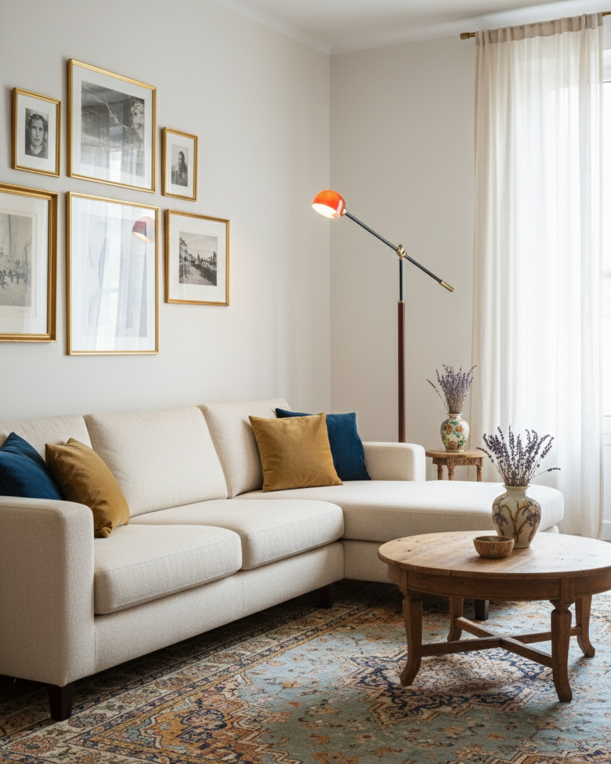 Stojací lampa Esilora Heritage Swing — dřevěný sloup, kovové otočné rameno