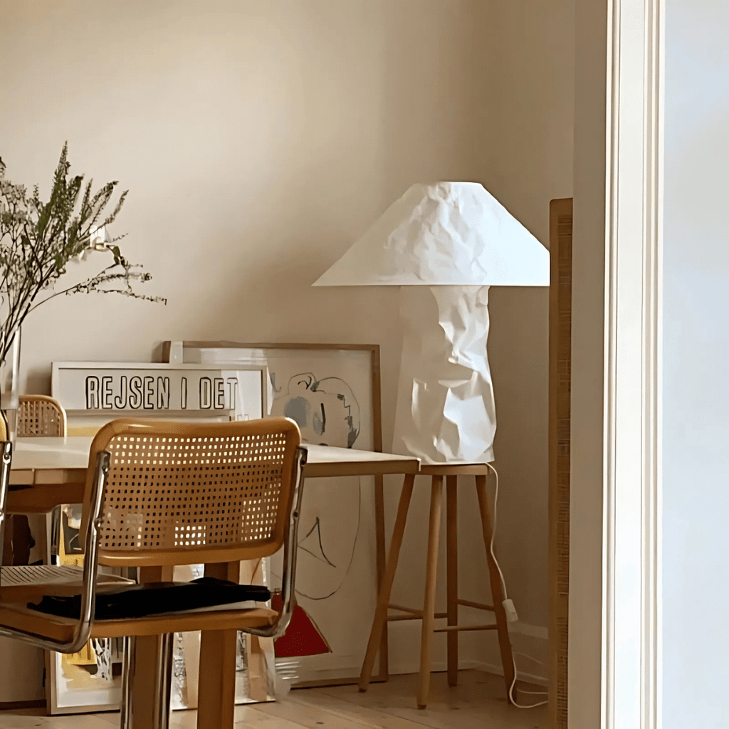 Lampada da tavolo Kairo — Struttura in metallo, paralume in carta, lampada E27 a luce singola - Desfino