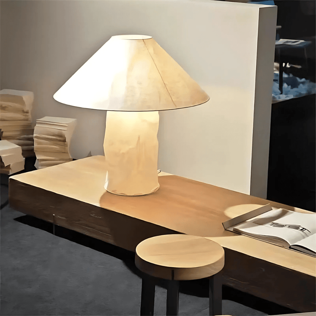 Lampada da tavolo Kairo — Struttura in metallo, paralume in carta, lampada E27 a luce singola - Desfino