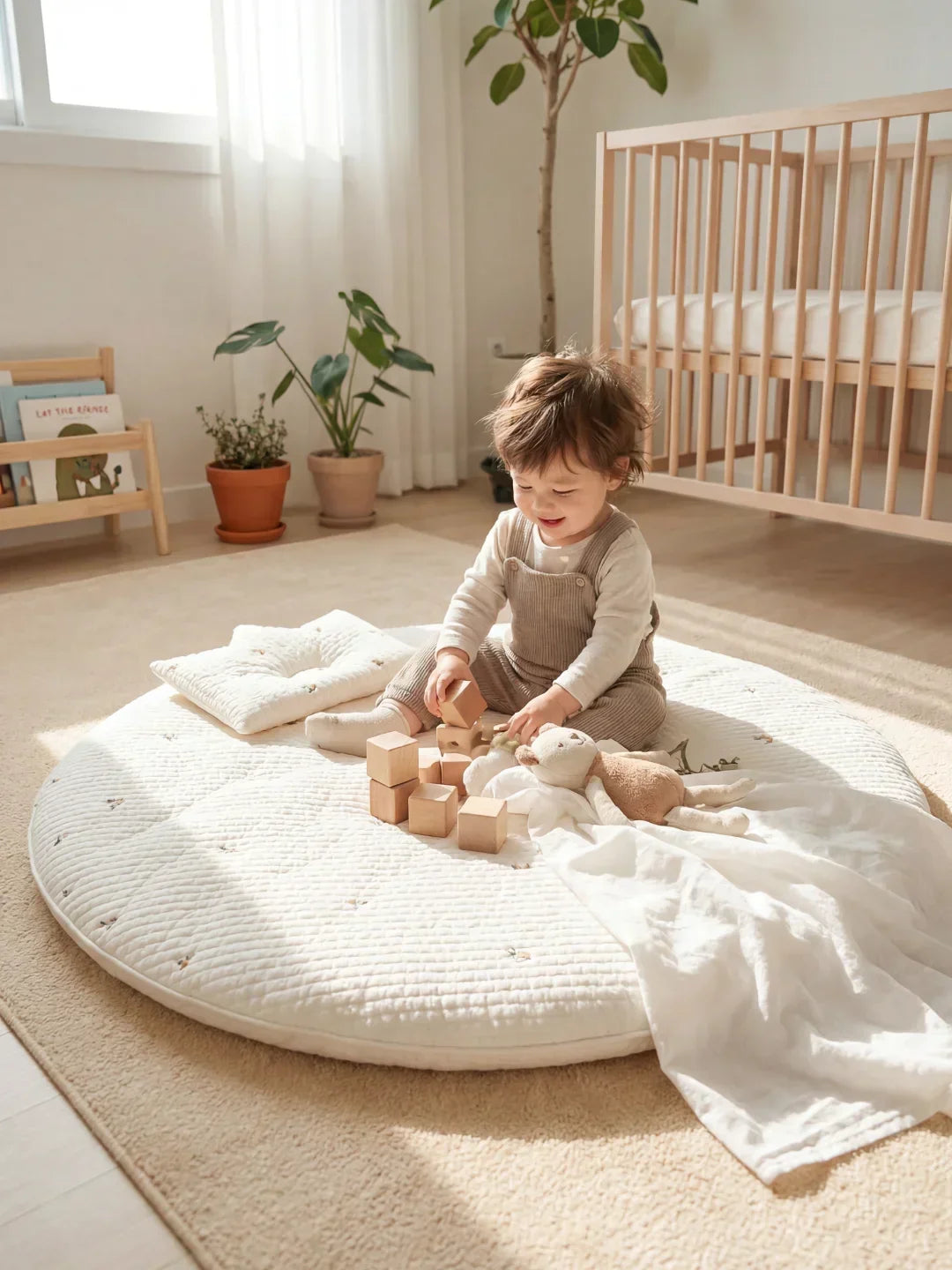 Circular Quilted Cotton Baby Play Mat — Dense Floor Cushion